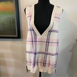 SO Plaid Pink & Cream V-Neck Sweater Vest Size M Preppy School Girl Retro (Flaw)